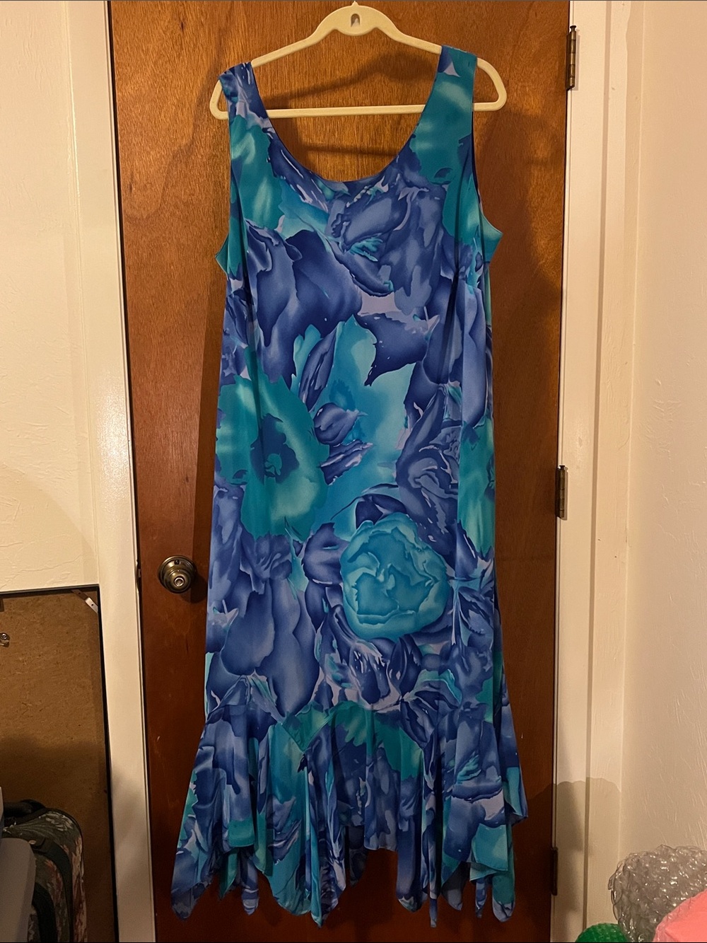 Positive Attitude Blue and Teal Floral Scoop Neck Maxi Dress